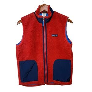 PATAGONIA Retro Color Block Vest Sherpa Fleece Pocket Youth XL (14)Red Teal Blue